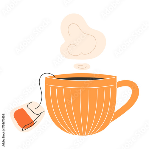 Cute orange autumn mug with geometric pattern and hot tea with teabag and steam