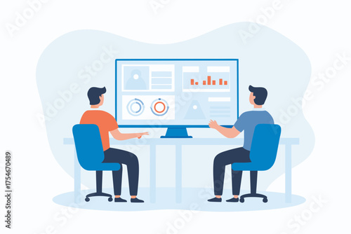 Two people collaborating and analyzing data on a large computer screen showing charts and graphs