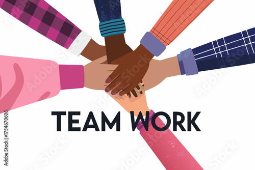 Diverse group of people stacking hands together in a symbol of unity and teamwork