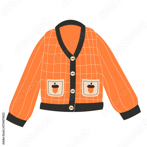 Autumn orange knitted cardigan with checkered pattern and acorns on pockets