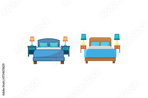 Cartoon illustration displaying two different styled beds with bedside tables