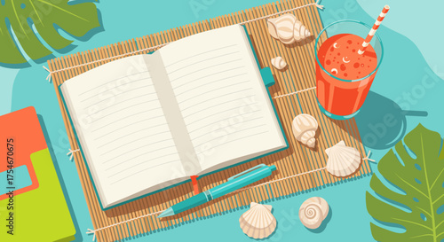 Dreamy summer escape with open journal, tropical drink, and seashells inspires creative writing and vacation planning, embracing tropical vibes and relaxation