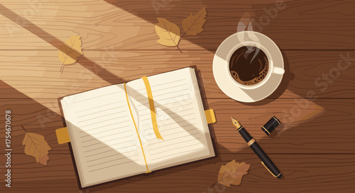 Cozy autumn scene with steaming coffee, open journal, and fountain pen on wooden desk, perfect for lifestyle blog, creative writing, or personal reflection