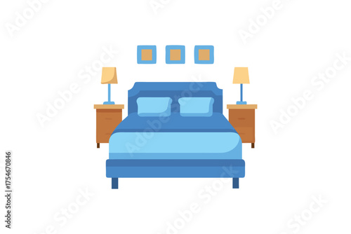 A simple bedroom interior with a blue bed and matching decor