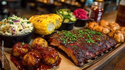 Grilled BBQ Sampler Platter on Wooden Board, Hearty Meat Selection for Sharing