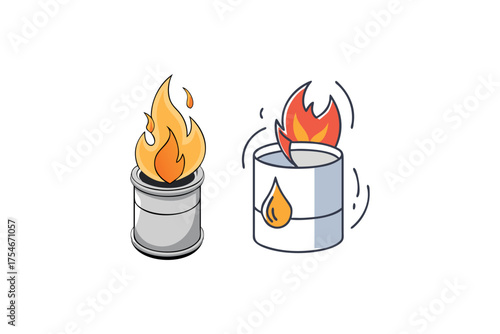 Cartoon illustration depicting two burning containers with visible flames