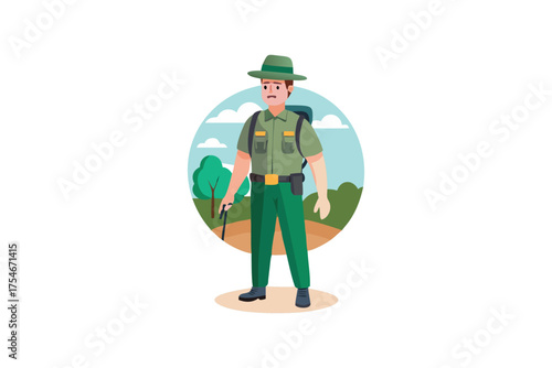 A park ranger standing with a backpack and walking stick in nature