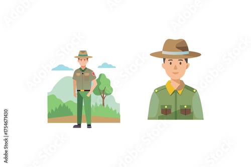 Illustration of two park rangers wearing hats and uniforms outdoors