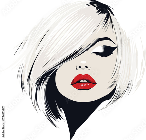 Vector illustration portrait of a woman's face with elegant black hair, fashion-style eyes, and glamorous red lips