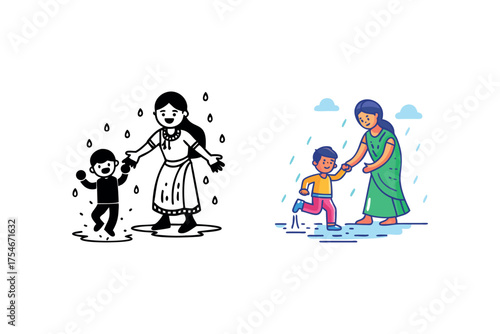 Mother and child walking hand in hand during a rainy day illustration