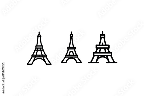 Simple black and white line drawing of three eiffel towers in a row