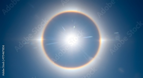 Bright solar halo radiating light with a spectrum arc around it, set against a clear blue sky