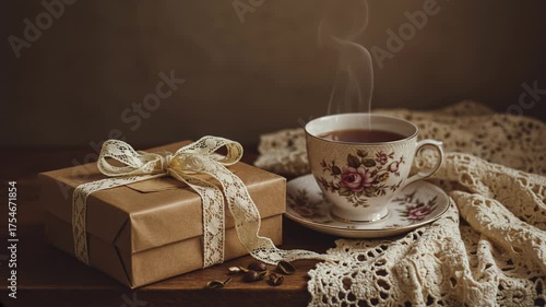 Gift box with ribbon and steaming cup of tea on lace tablecloth  