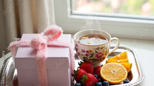 Gift box, tea, and fresh fruits on silver tray by the window, Mother's Day, Birthday concept  
