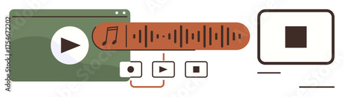 Media player with green screen, play button, audio waveform track, and control buttons. Ideal for streaming, entertainment, media, user interface audio editing music or technology. Simple flat