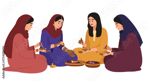 Traditional Henna Application Ceremony Four Women Applying Henna During a Cultural Celebration