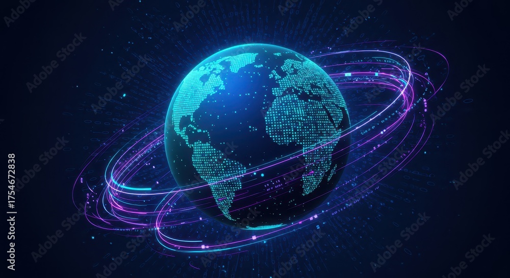 Fototapeta premium Glowing digital earth orbits with colorful light trails on dark background.