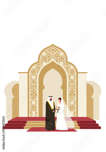 Arab Couple Celebrating Their Wedding Ceremony in Traditional Attire Under a Grand Islamic Archway