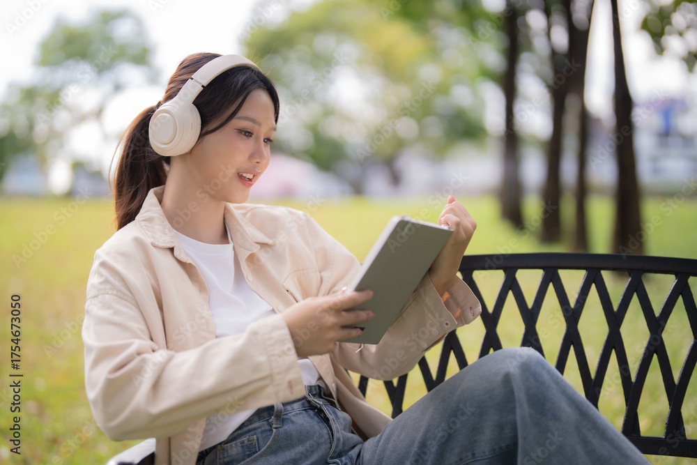Obraz premium Smiling Asian woman sitting on a park bench, enjoying music with headphones and interacting with a digital tablet, embracing leisure and technology in nature