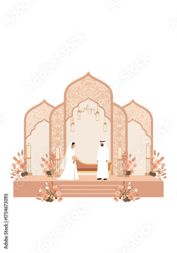 Arabic Wedding Ceremony with Bride and Groom on a Decorated Stage