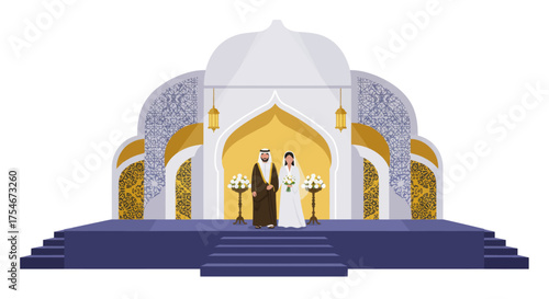 Arabic Wedding Ceremony Stage with Bride and Groom Decorated with Traditional Islamic Patterns