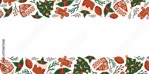 Festive border frame with gingerbread house, man, pine cone, holly cake and Christmas tree on a white background in flat style.