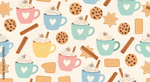 Cute repeating pattern of hot cocoa mugs, sweet cookies, and cinnamon sticks for a warm and cozy winter theme illustration
