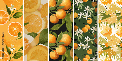 Vibrant citrus collection featuring oranges and blossoms in artistic vertical panels