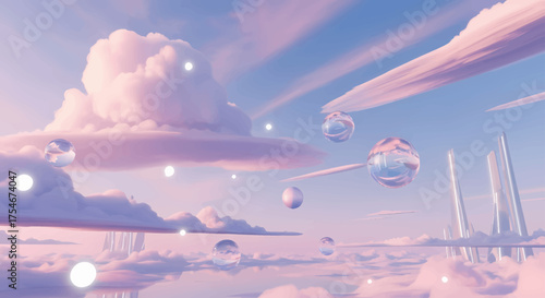 Ethereal dreamscape of floating translucent spheres amidst soft pink clouds, a surreal heavenly sky with glowing orbs and futuristic city spires in a fantastical serene setting