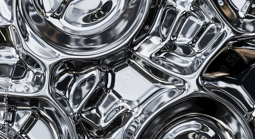 Intricate abstract background of a glossy silver liquid metal surface with organic,cellular patterns and futuristic reflections