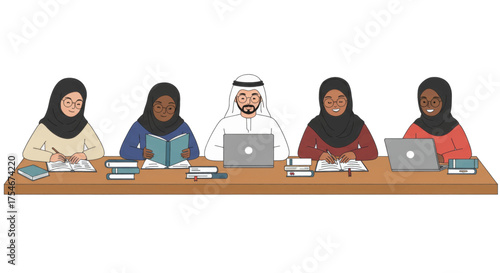 Diverse group of students studying together at a long table with laptops and books