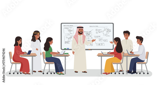 Diverse students engage in collaborative learning session with teacher in modern classroom