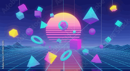 Vibrant retro-futuristic digital landscape featuring an array of glowing neon geometric shapes suspended above an expansive grid, evoking a nostalgic synthwave aesthetic