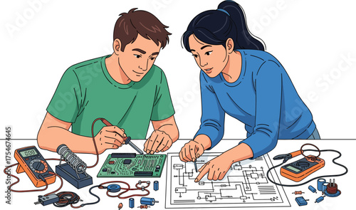 lectronics soldering project illustration, students working with circuit board and schematic