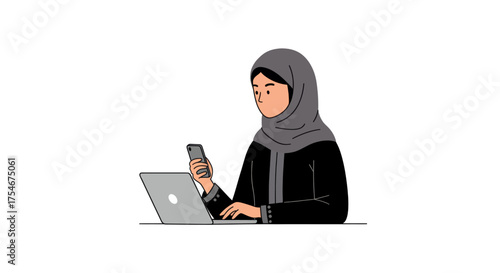 Young Muslim woman in hijab using laptop and smartphone for remote work or study