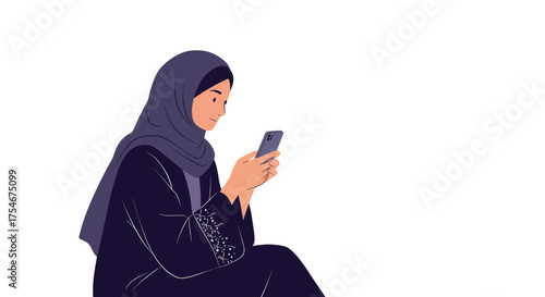 A Muslim woman in a hijab using a smartphone for communication or browsing