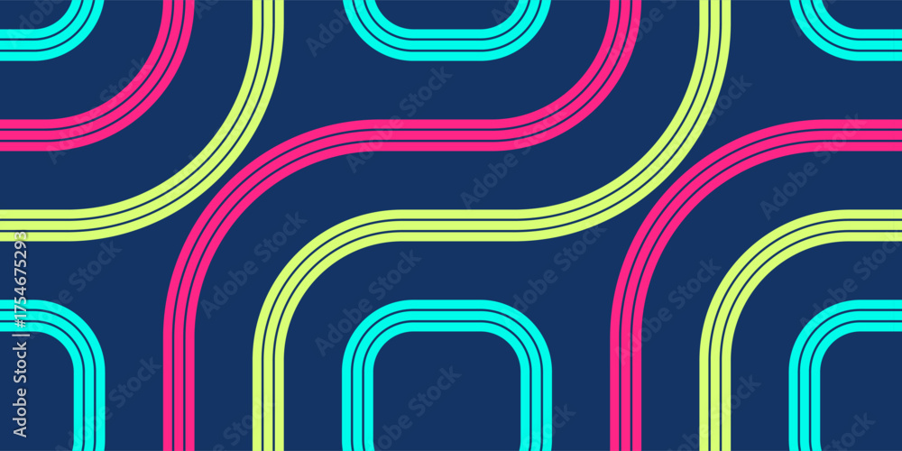 Obraz premium Modern abstract seamless pattern featuring colorful interwoven and flowing rounded lines in a vibrant retro color palette