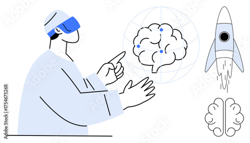 Scientist engages with virtual reality to study brain connections within a global grid. Includes rocket symbolizing innovation and progress. Ideal for neuroscience, education, training, innovation