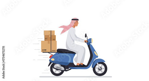 Delivery driver wearing traditional clothing riding a scooter with boxes