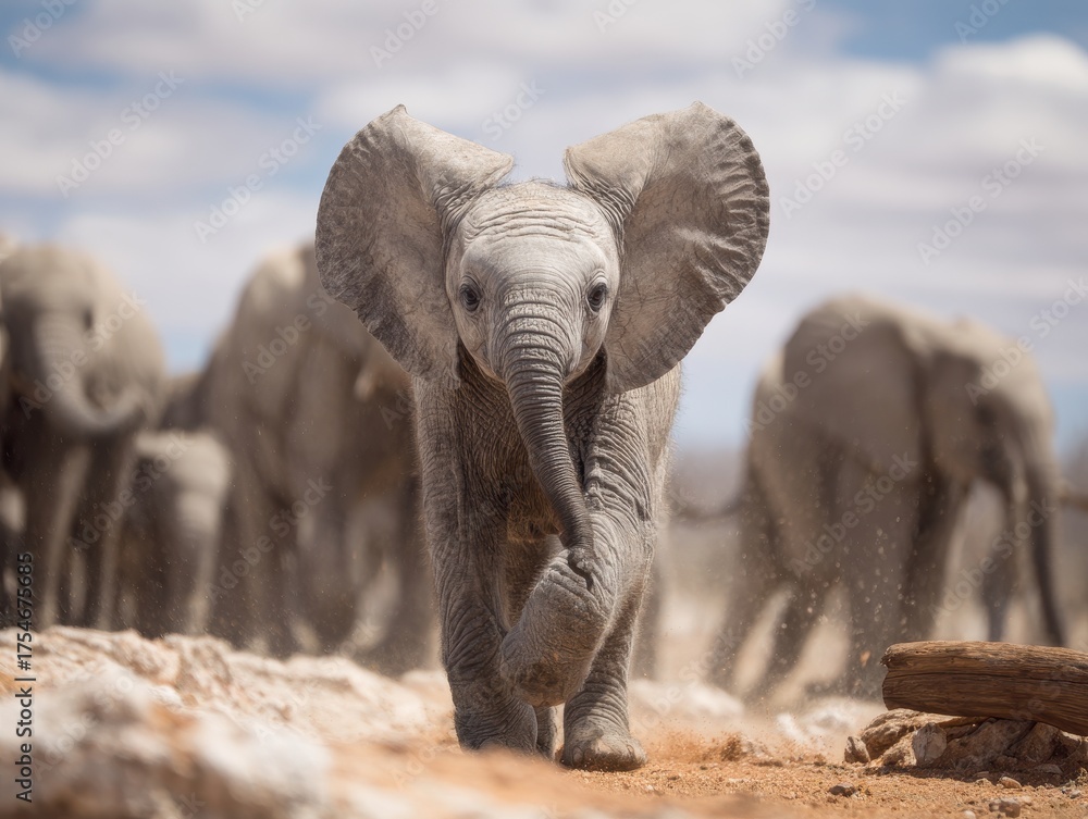 Fototapeta premium Playful Baby Elephant Strutting Confidently Through the African Savannah