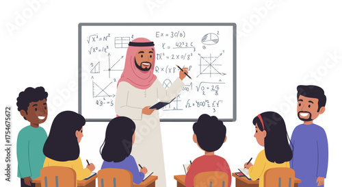 Teacher in traditional Arabic clothing instructs students in a classroom setting, illustrating a mathematics lesson on a whiteboard