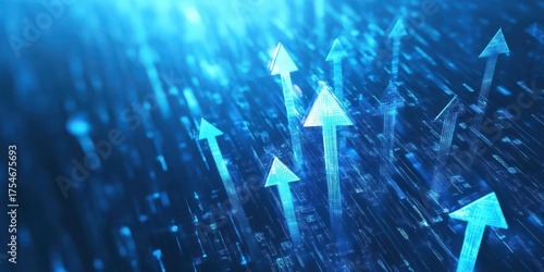 A dynamic digital design featuring upward-pointing arrows in shades of blue, symbolizing progress, growth, and technological advancement.