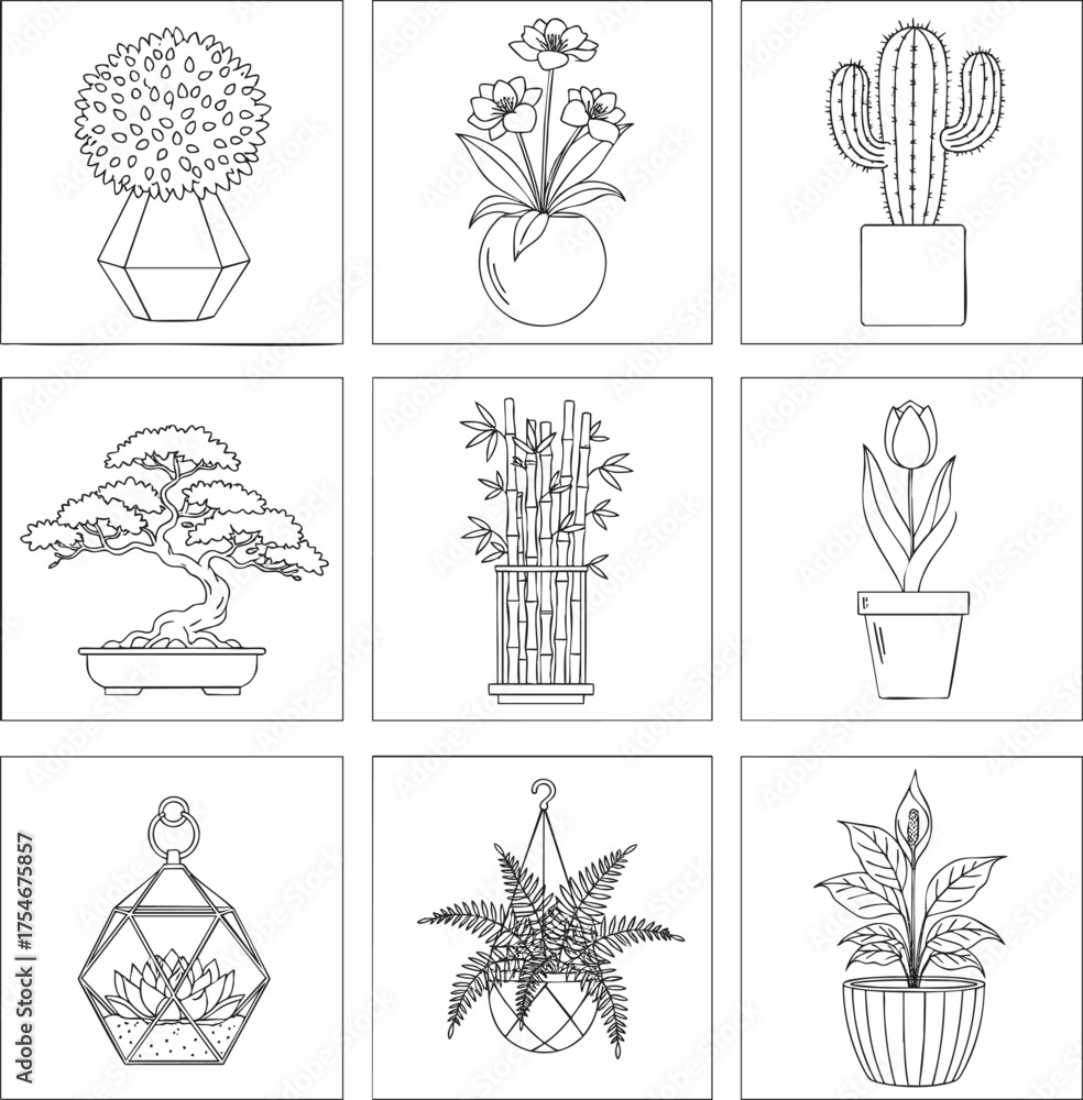 Naklejka premium A collection of nine diverse houseplant illustrations in a simple black and white line art style.