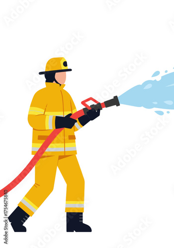 Firefighter in a Yellow Suit Holding a Hose with Water Spraying