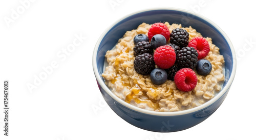 Oatmeal porridge breakfast bowl with raspberries and blueberries isolated PNG with Transparent Background