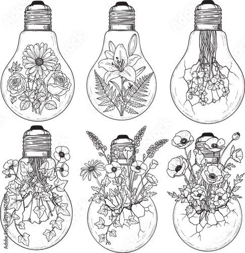 A collection of six handdrawn illustrations featuring flowers blooming inside and breaking out of light bulbs.
