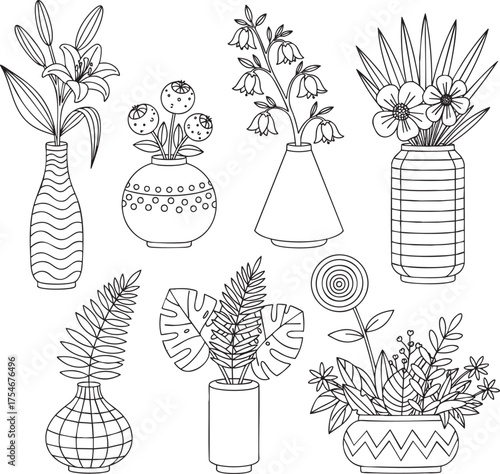 A collection of seven different handdrawn vases with flowers and plants in a black and white outline style.
