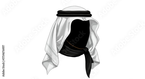 Illustration of a traditional Middle Eastern headscarf, also known as a keffiyeh, in white with black accents