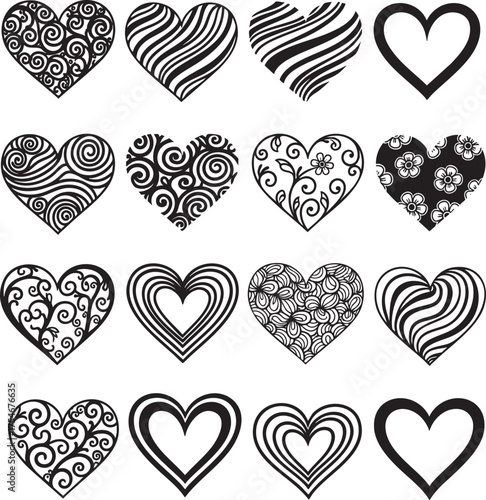 A collection of sixteen black and white decorative heart icons with various intricate patterns.