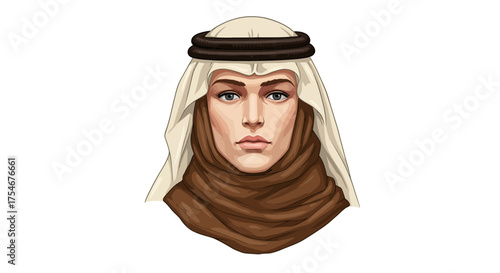 Illustration of a middle eastern woman wearing a traditional headscarf and headdress